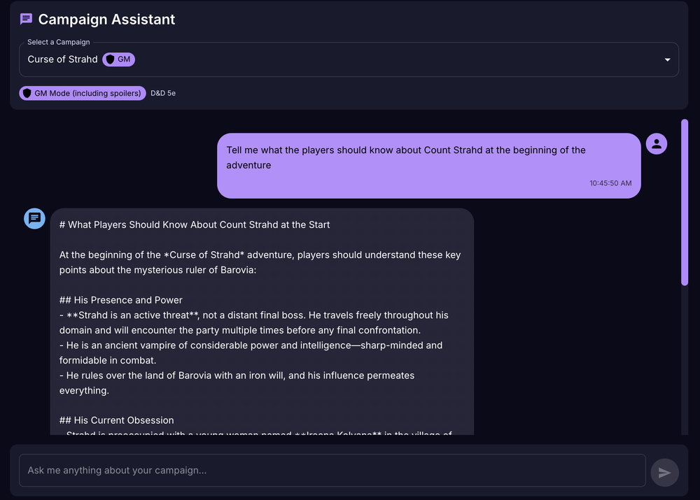 A user asks a Chat Bot what information the players should know about Count Strahd at the start of the game. The Chat Bot answers.
